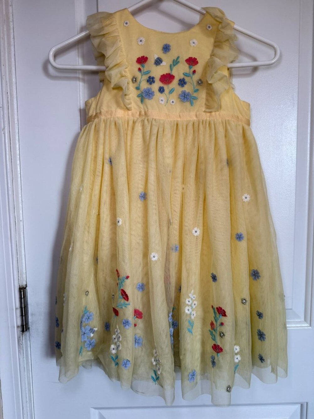 JoJo Maman Bebe Yellow Tulle Floral Embroidered Party Dress Size 6-7
